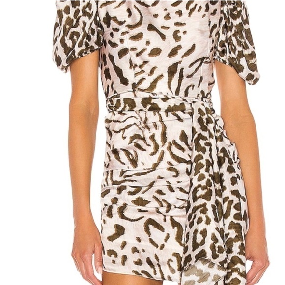 HEMANT AND NANDITA REVOLVE Rika Leopard Print Puff Sleeve Ruched Mini Dress L - Picture 5 of 9